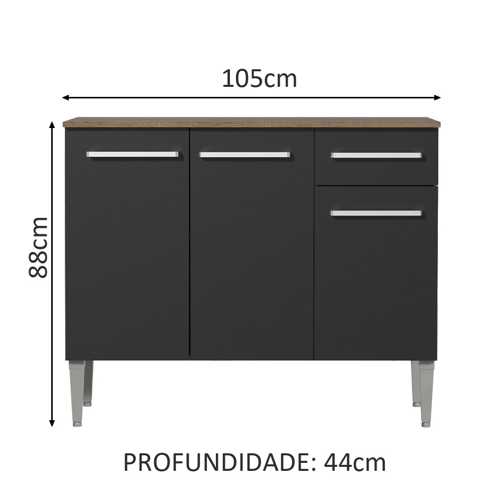 Balcão Gabinete Madesa Emilly 3 Portas e 1 Gaveta Rustic/Preto