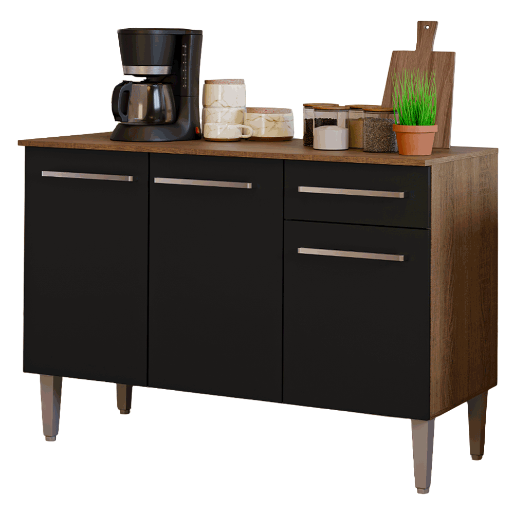 Balcão Gabinete Madesa Emilly 3 Portas e 1 Gaveta Rustic/Preto