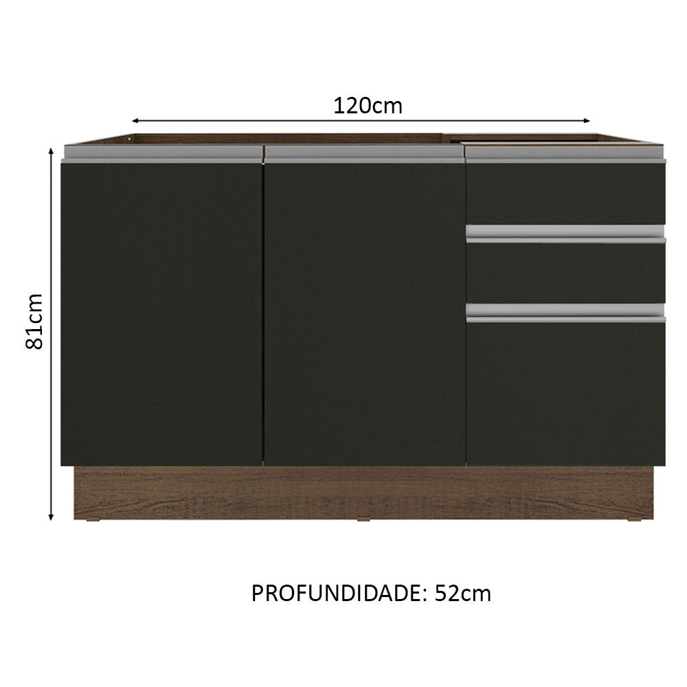 Balcão Gabinete de Pia Madesa Glamy 120 cm 2 Portas e 3 Gavetas (Sem Tampo e Pia) Rustic/Preto
