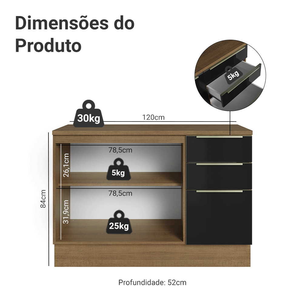Balcão de Cozinha 120 cm 2 Portas 3 Gavetas Rustic/Preto Lux Madesa