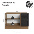 Balcão de Pia 120 cm 2 Portas 3 Gavetas (Sem Tampo) Rustic/Preto Vik Madesa