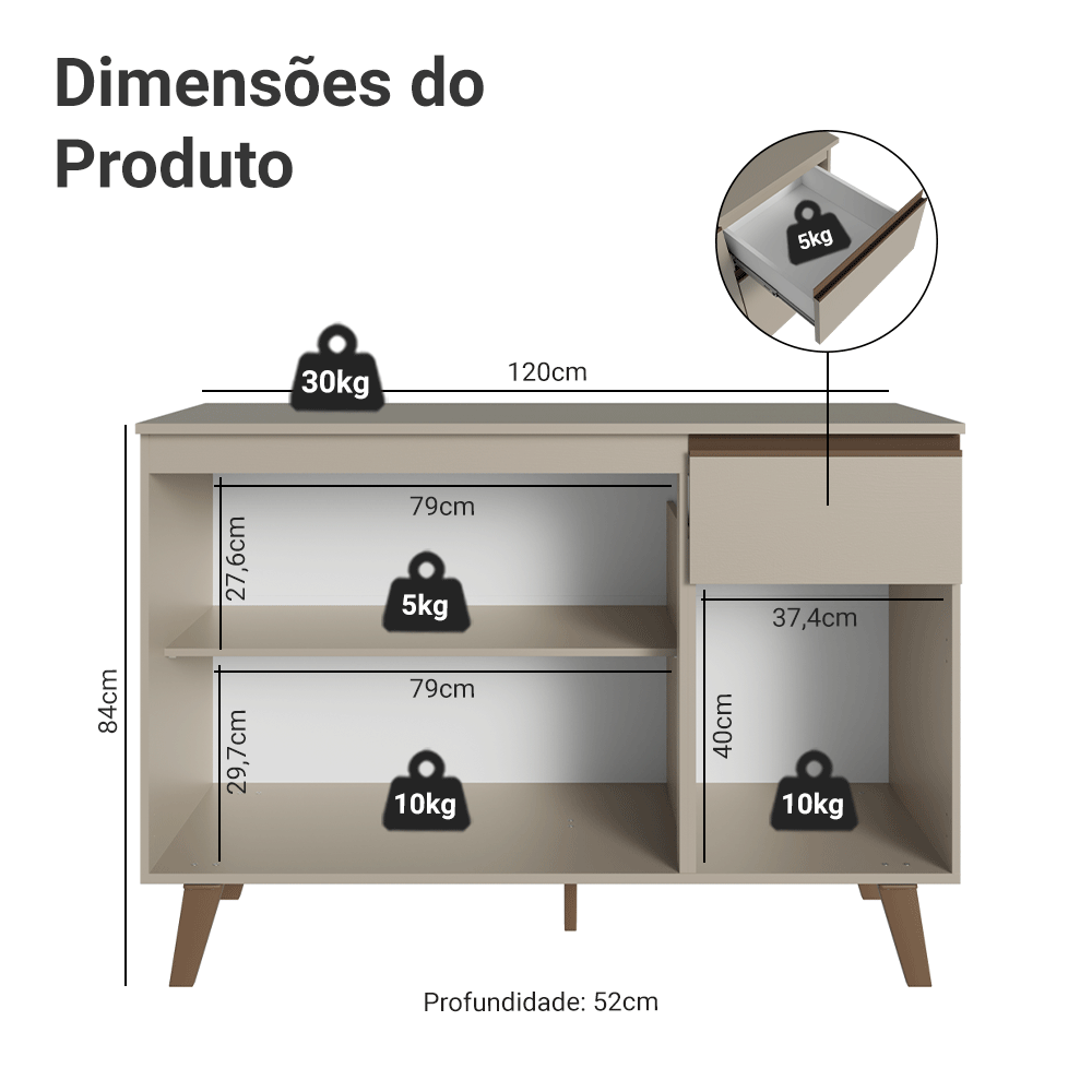 Balcão de Cozinha 120 cm 3 Portas 1 Gaveta Com Pés Crema Nice Madesa