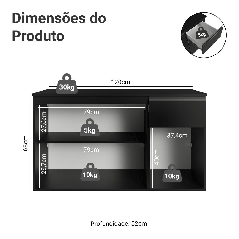 Balcão de Cozinha 120 cm 3 Portas 1 Gaveta Suspenso Preto Nice Madesa