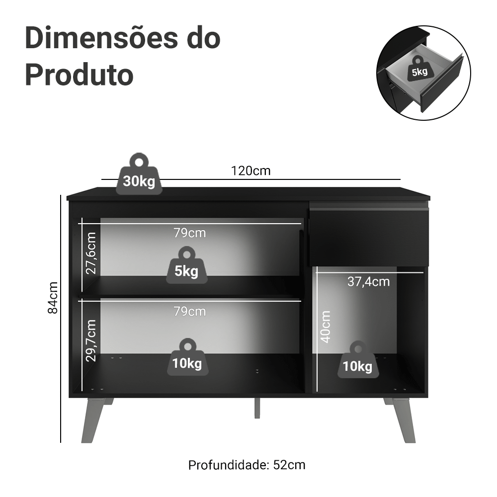 Balcão de Cozinha 120 cm 3 Portas 1 Gaveta Com Pés Preto Nice Madesa