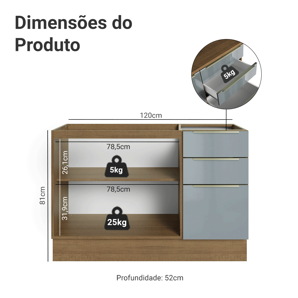 Balcão Gabinete de Pia 120 cm 2 Portas 3 Gavetas (Sem Tampo) Rustic/Cinza Lux Madesa