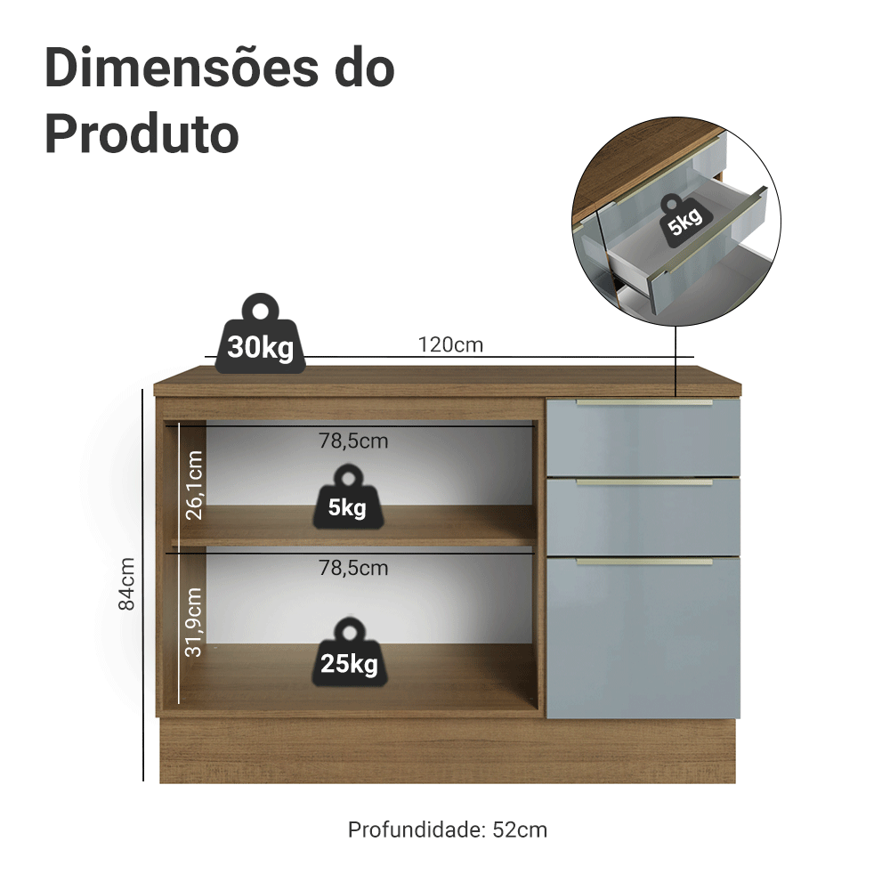 Balcão de Cozinha 120 cm 2 Portas 3 Gavetas Rustic/Cinza Lux Madesa
