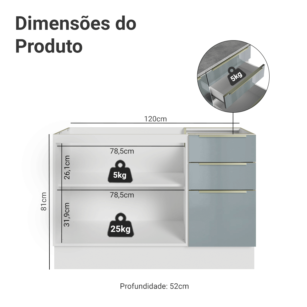 Balcão Gabinete de Pia 120 cm 2 Portas 3 Gavetas (Sem Tampo) Branco/Cinza Lux Madesa