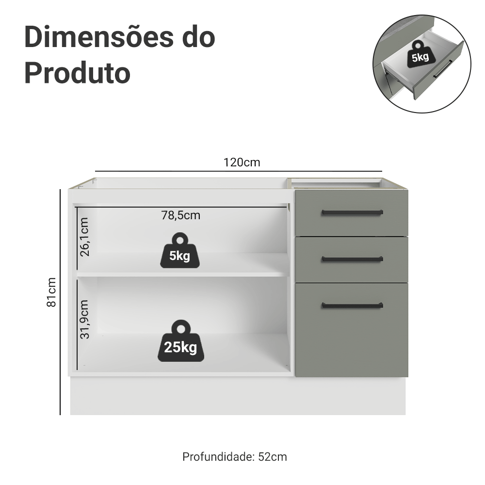 Balcão Gabinete de Pia Madesa Agata 2 Portas e 3 Gavetas (Sem Tampo e Pia) Branco/Cinza