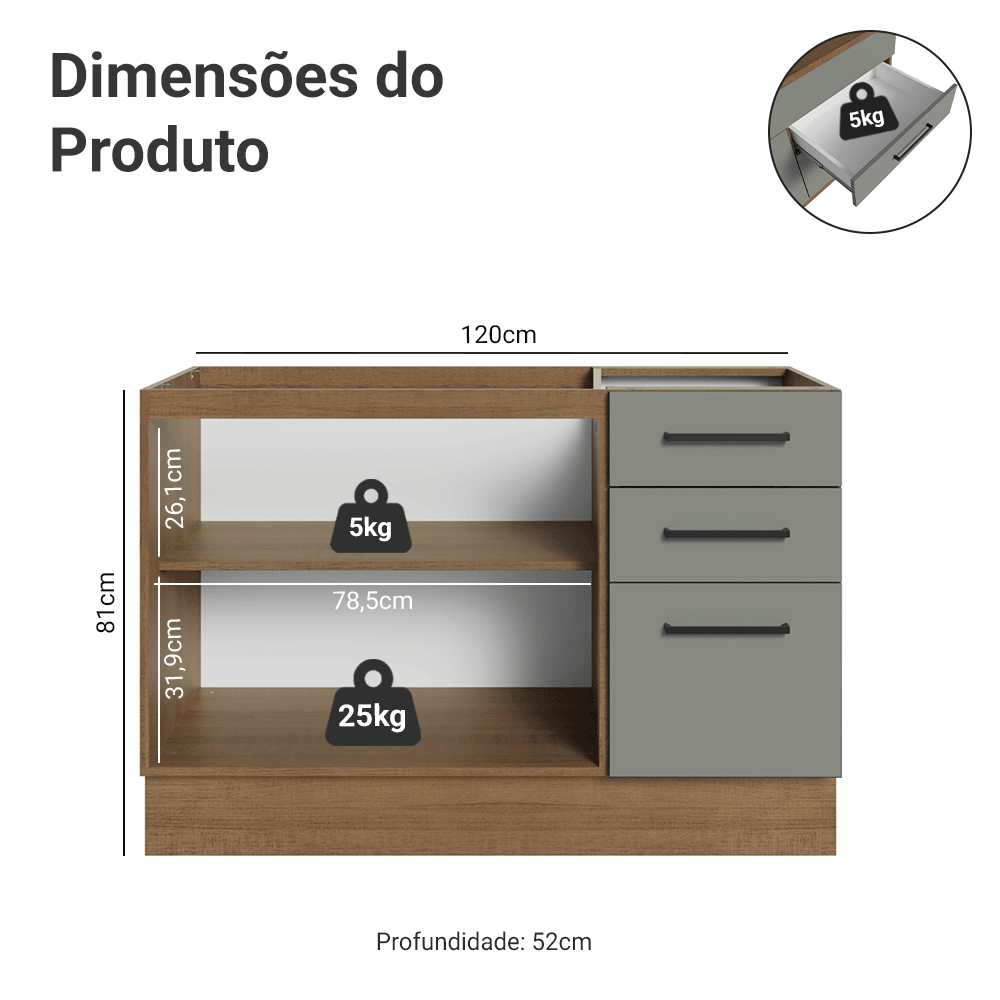 Balcão Gabinete de Pia Madesa Agata 2 Portas e 3 Gavetas (Sem Tampo e Pia) Rustic/Cinza