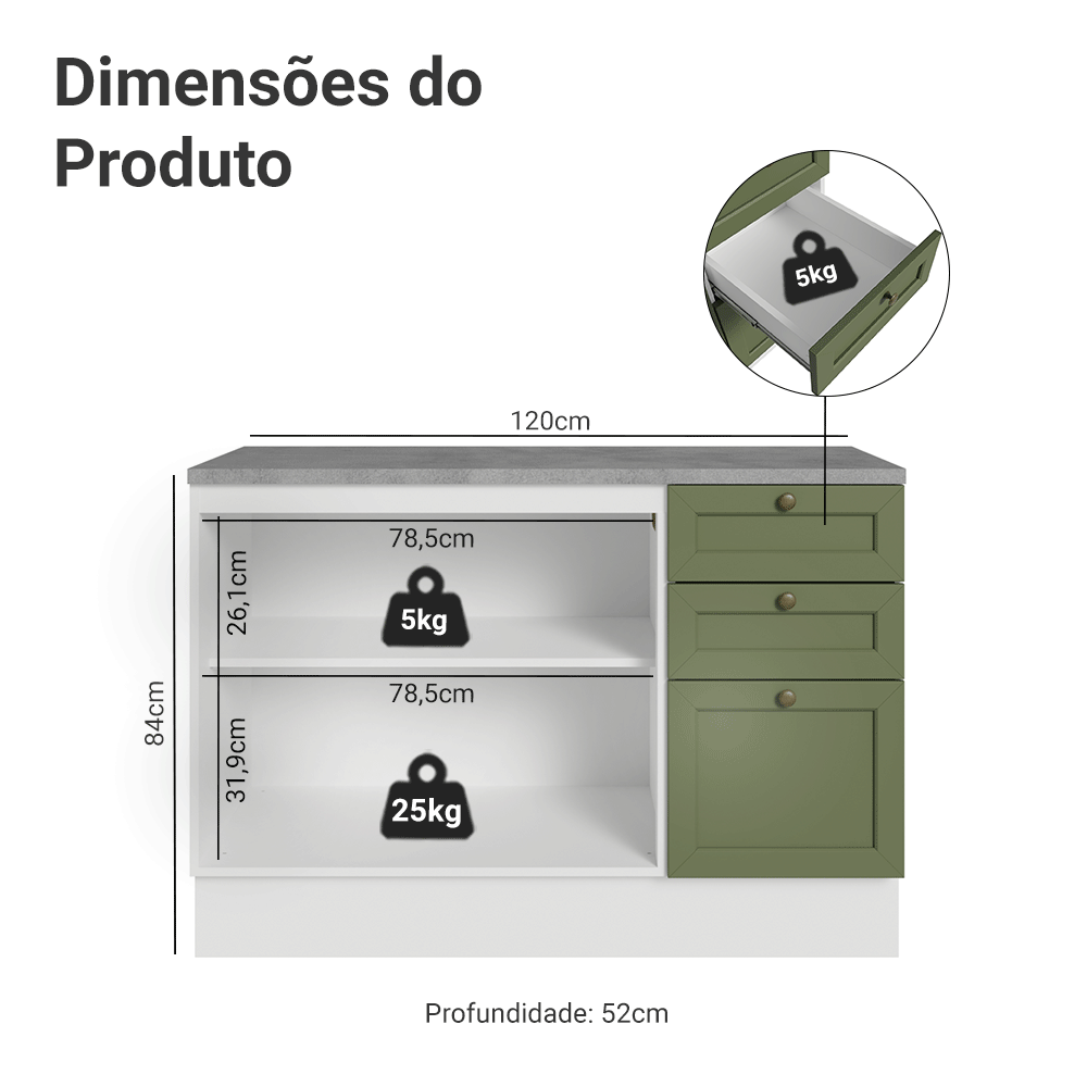 Balcão de Cozinha 120 cm 2 Portas 3 Gavetas Branco/Verde Vik Madesa