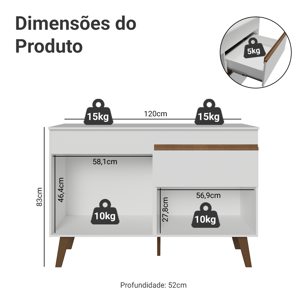Balcão de Cozinha com 2 Portas e 1 Gaveta 120 cm Branco Pieta Madesa