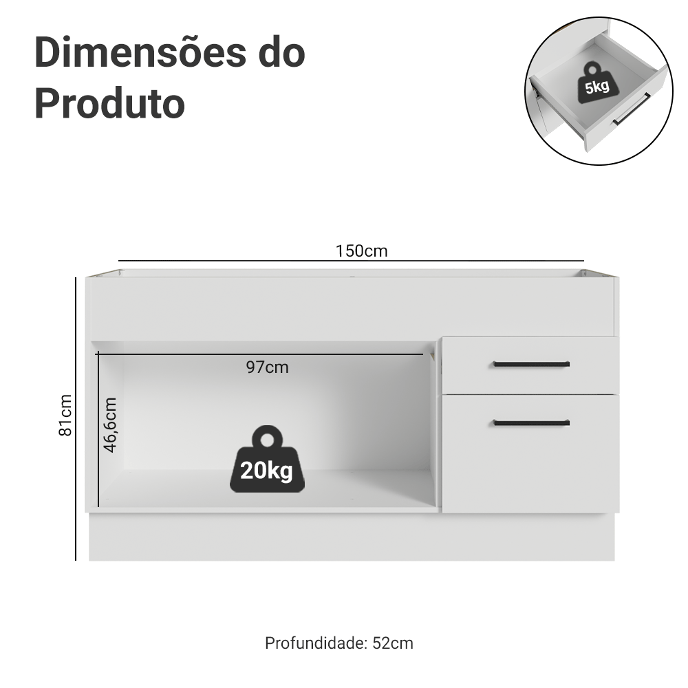 Balcão de Pia Madesa Agata 150 cm 2 Portas e 2 Gavetas (Sem Tampo e Pia) Branco