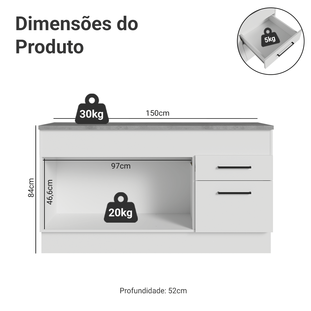 Balcão Madesa Agata 150 cm 2 Portas e 2 Gavetas (Com Tampo) Branco