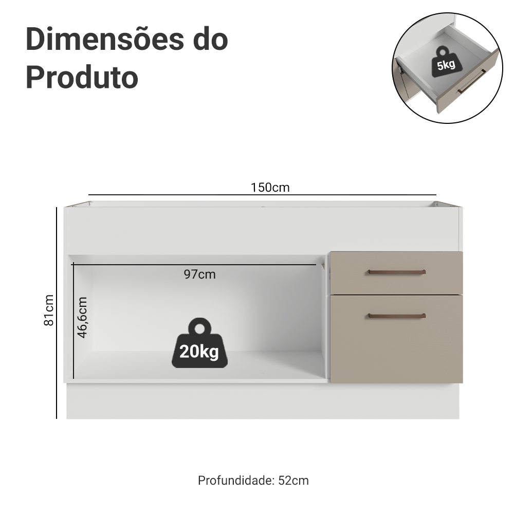 Balcão de Pia 150 cm 2 Portas e 2 Gavetas (Sem Tampo e Pia) Branco/Crema Agata Madesa