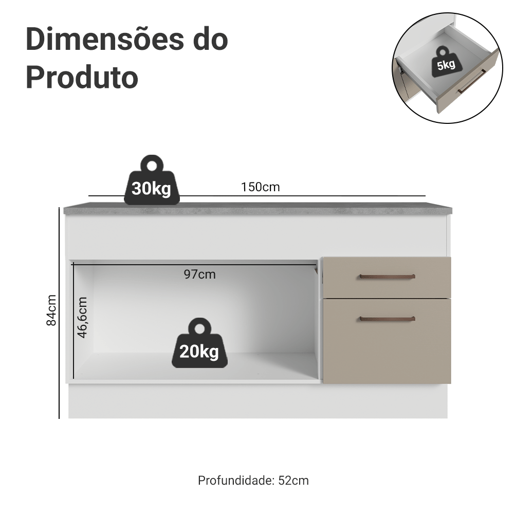 Balcão 150 cm 2 Portas e 2 Gavetas (Com Tampo) Branco/Crema Agata Madesa