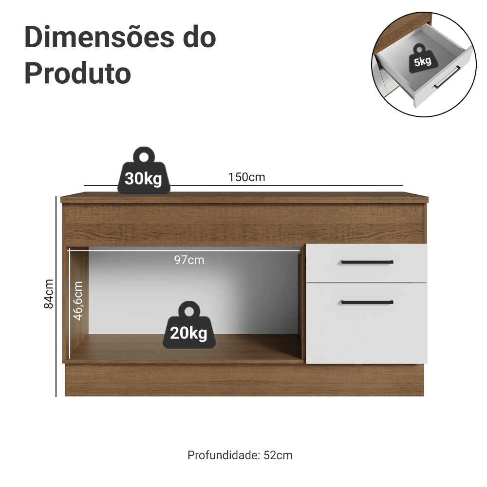 Balcão Madesa Agata 150 cm 2 Portas e 2 Gavetas (Com Tampo) Rustic/Branco