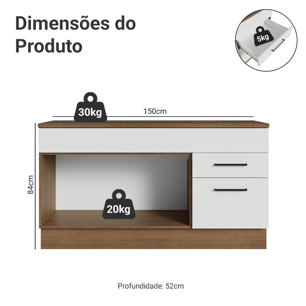 Balcão Gabinete Madesa Agata 150 cm 2 Gavetas 2 Portas (Com Tampo) Rustic/Branco