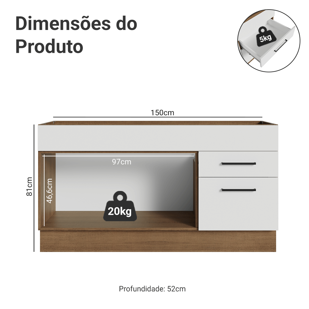 Balcão Gabinete de Pia Madesa Agata 150 cm 2 Portas e 2 Gavetas (Sem Tampo e Pia) Rustic/Branco