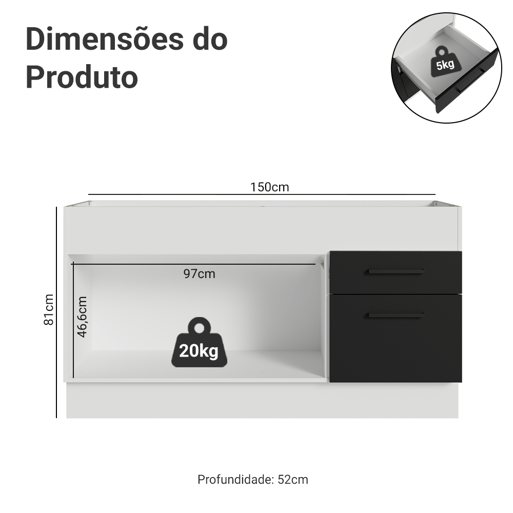 Balcão de Pia Madesa Agata 150 cm 2 Portas e 2 Gavetas (Sem Tampo e Pia) Branco/Preto