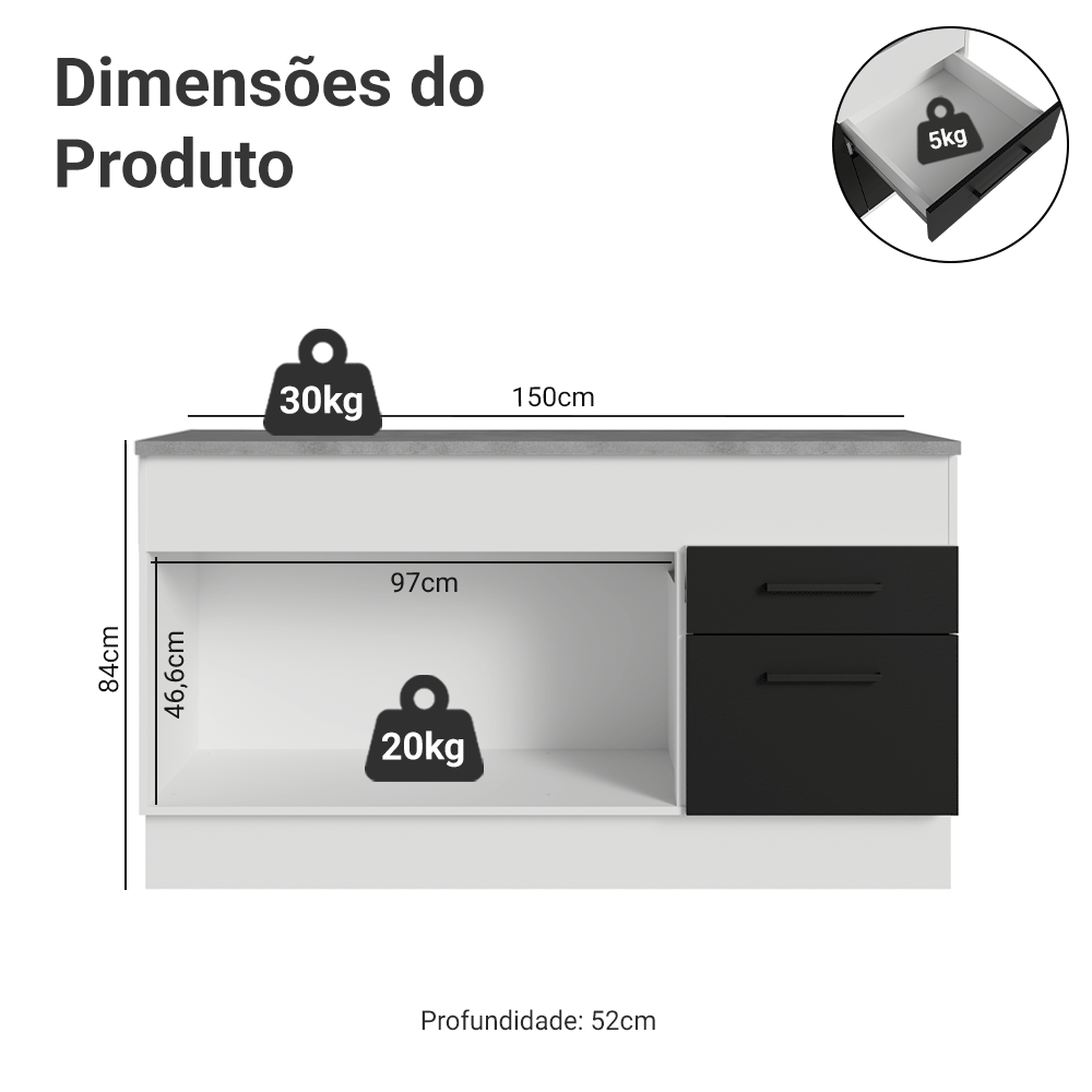 Balcão Madesa Agata 150 cm 2 Portas e 2 Gavetas (Com Tampo) Branco/Preto