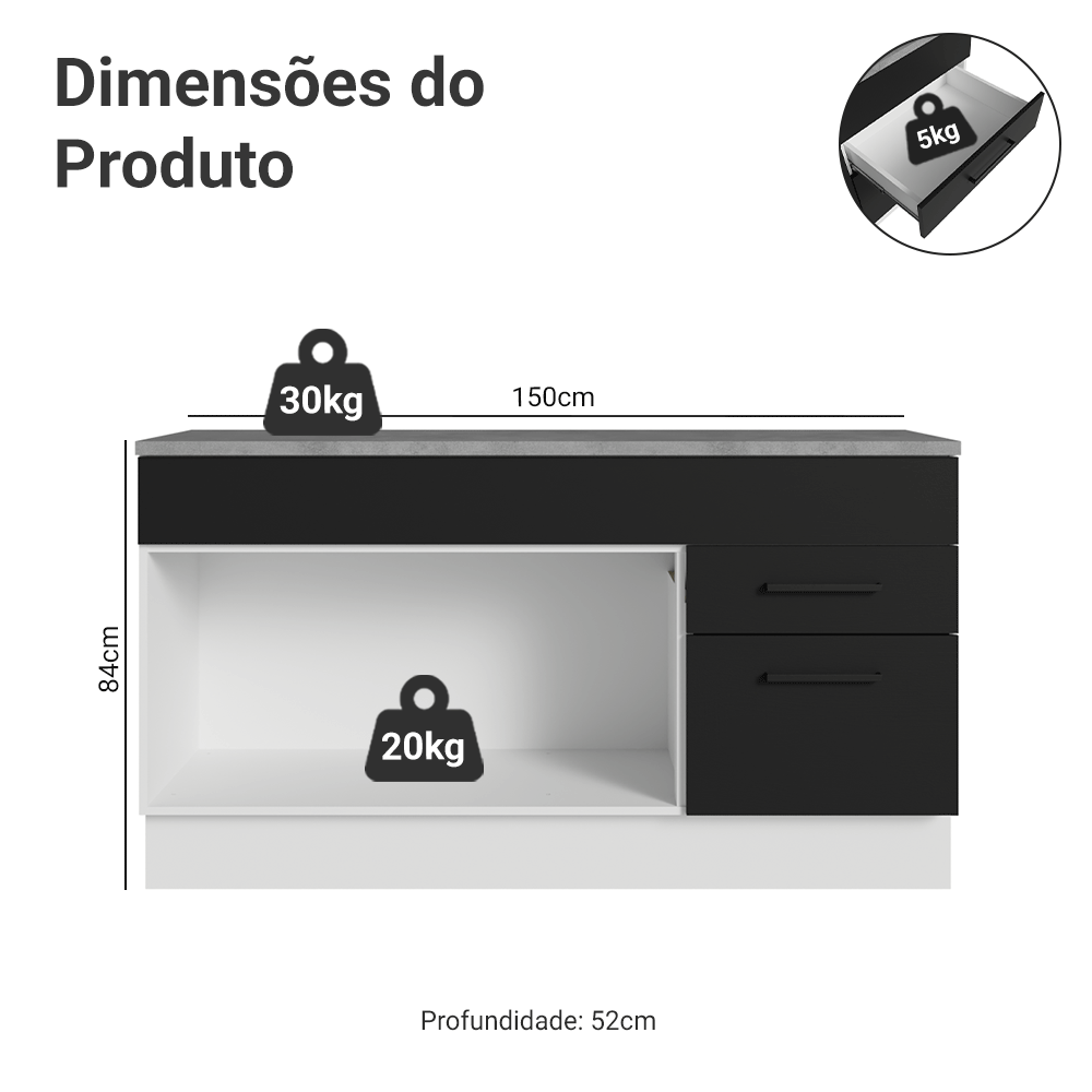 Balcão Gabinete Madesa Agata 150 cm 2 Gavetas 2 Portas (Com Tampo) Branco/Preto