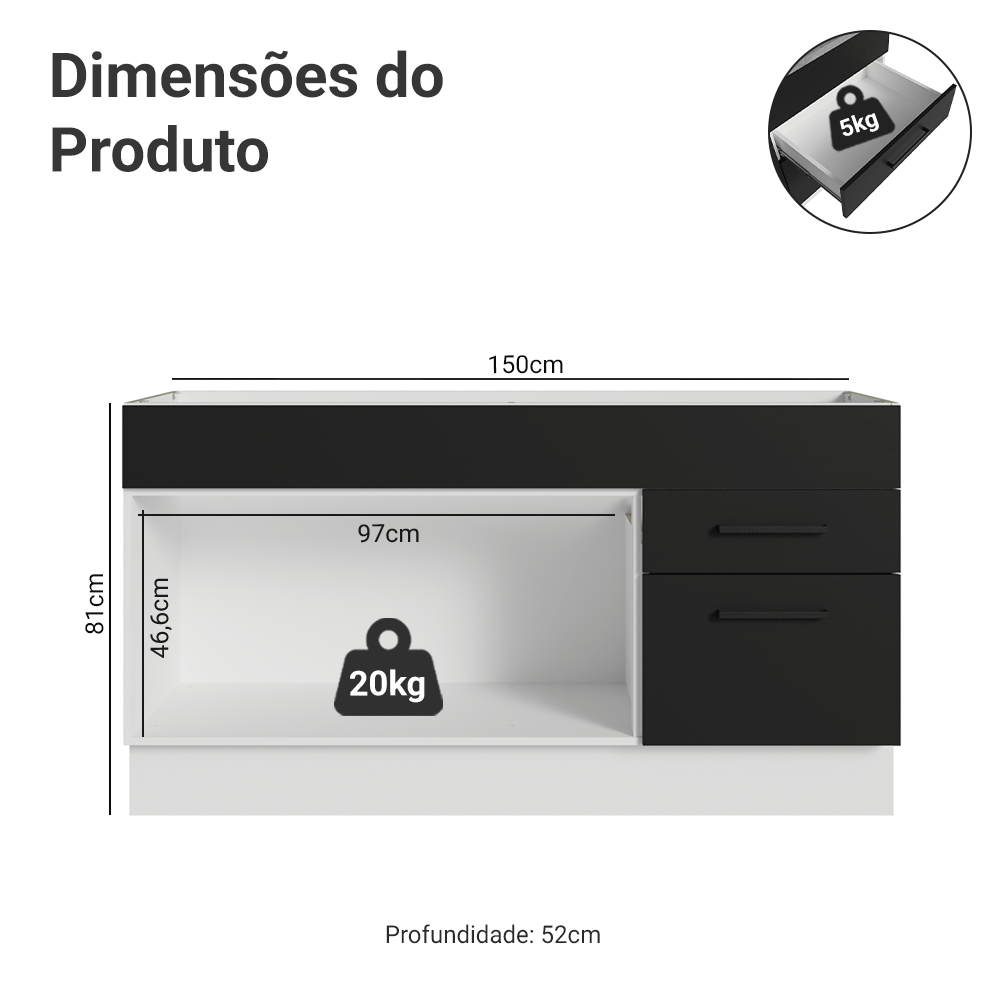 Balcão Gabinete de Pia Madesa Agata 150 cm 2 Portas e 2 Gavetas (Sem Tampo e Pia) Branco/Preto