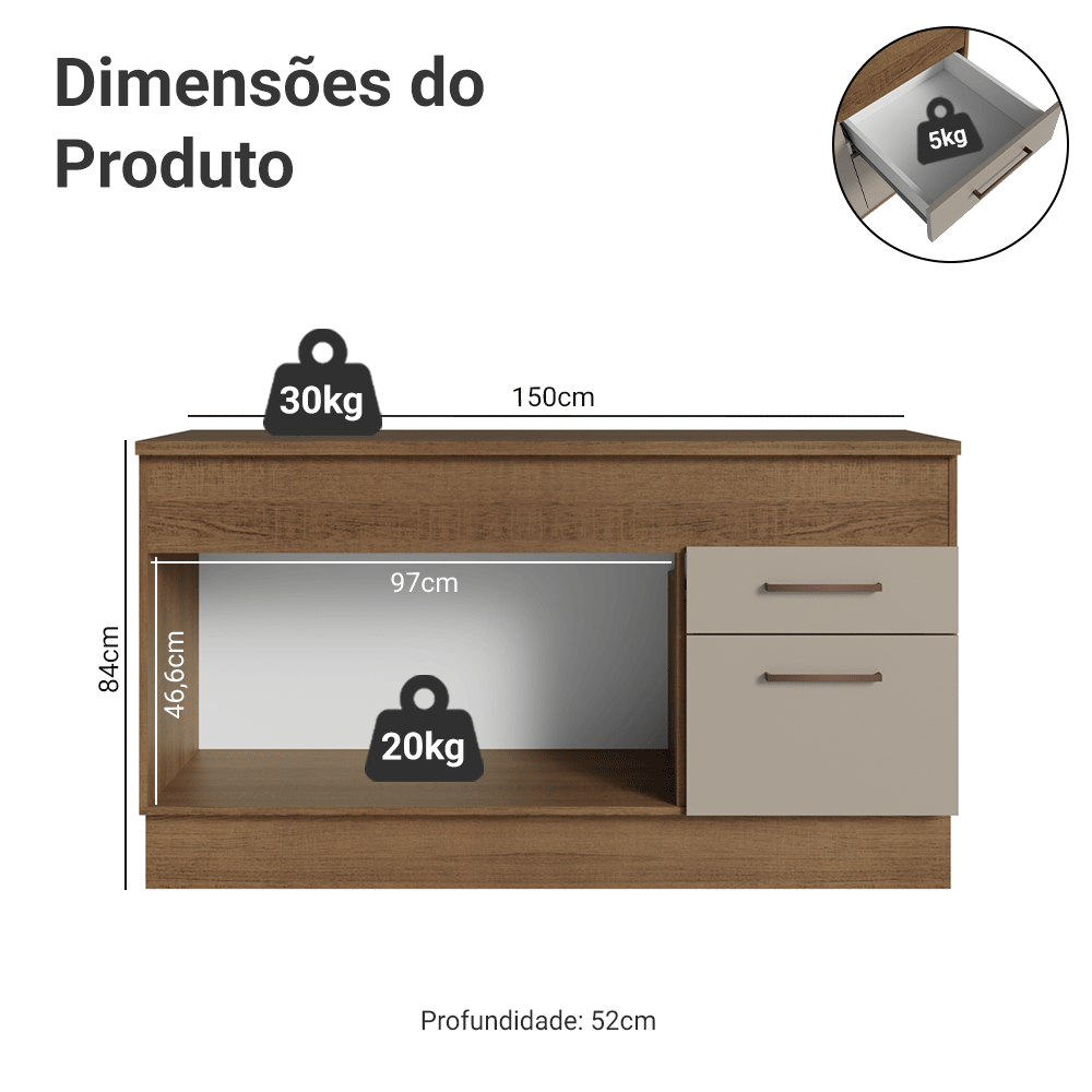 Balcão 150 cm 2 Portas e 2 Gavetas (Com Tampo) Rustic/Crema Agata Madesa