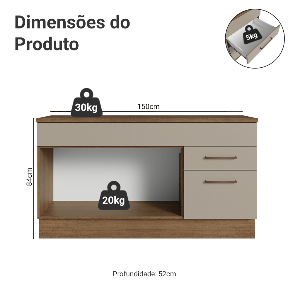 Balcão Gabinete 150 cm 2 Gavetas 2 Portas (Com Tampo) Rustic/Crema Agata Madesa
