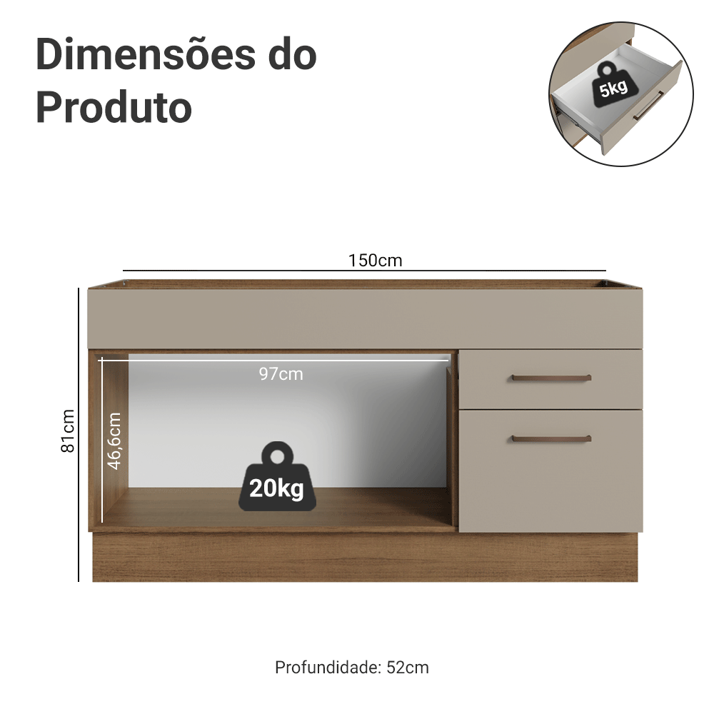 Balcão Gabinete de Pia 150 cm 2 Portas e 2 Gavetas (Sem Tampo e Pia) Rustic/Crema Agata Madesa