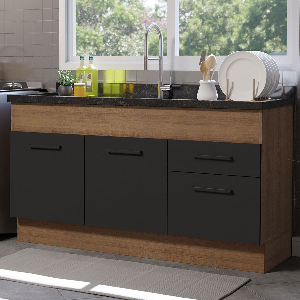 Balcão de Pia Madesa Agata 150 cm 2 Portas e 2 Gavetas (Sem Tampo e Pia) Rustic/Preto