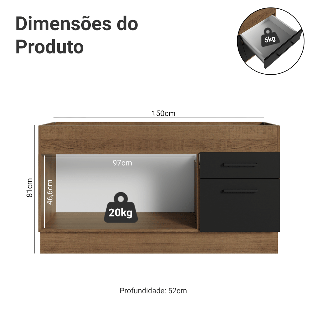 Balcão de Pia Madesa Agata 150 cm 2 Portas e 2 Gavetas (Sem Tampo e Pia) Rustic/Preto