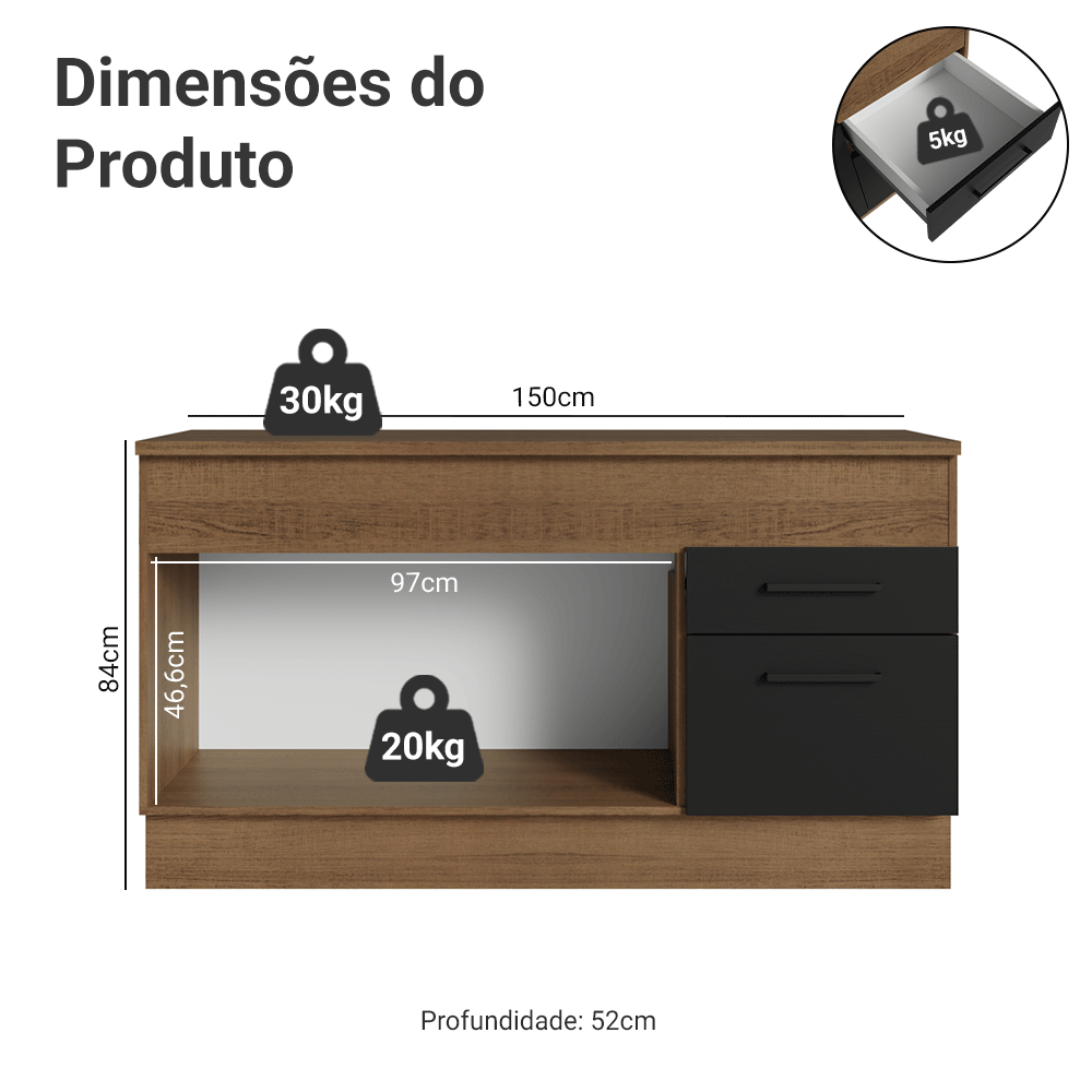 Balcão Madesa Agata 150 cm 2 Portas e 2 Gavetas (Com Tampo) Rustic/Preto