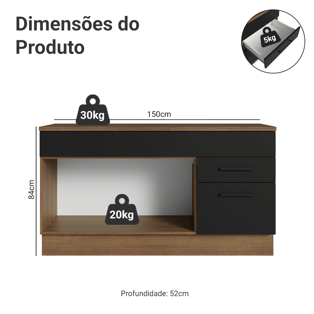 Balcão Gabinete Madesa Agata 150 cm 2 Gavetas 2 Portas (Com Tampo) Rustic/Preto