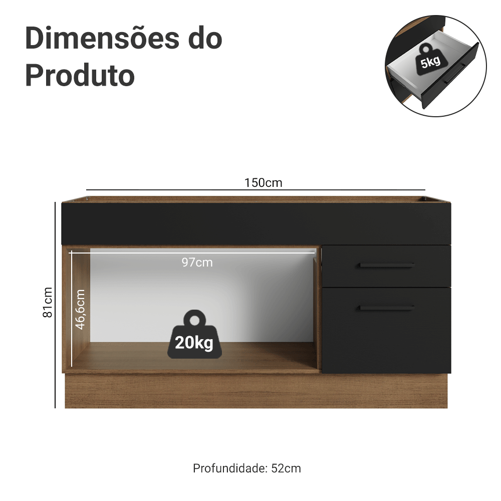 Balcão Gabinete de Pia Madesa Agata 150 cm 2 Portas e 2 Gavetas (Sem Tampo e Pia) Rustic/Preto