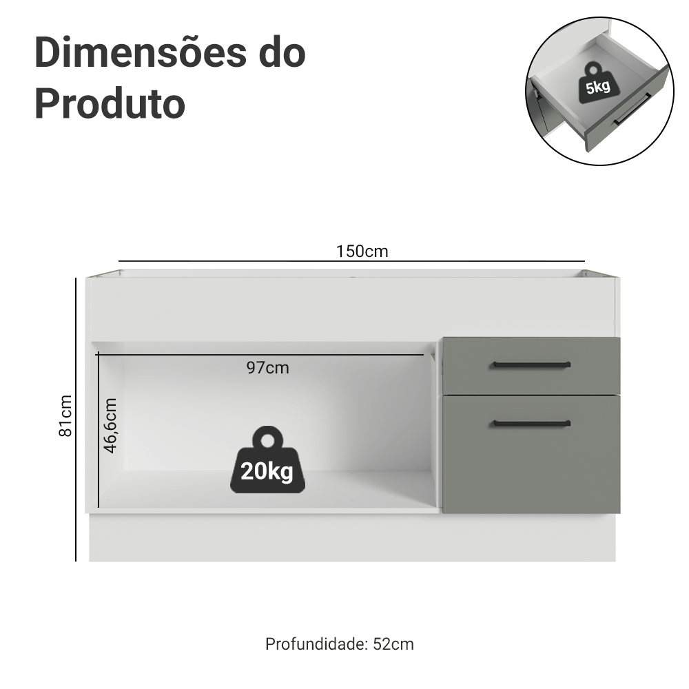 Balcão de Pia Madesa Agata 150 cm 2 Portas e 2 Gavetas (Sem Tampo e Pia) Branco/Cinza