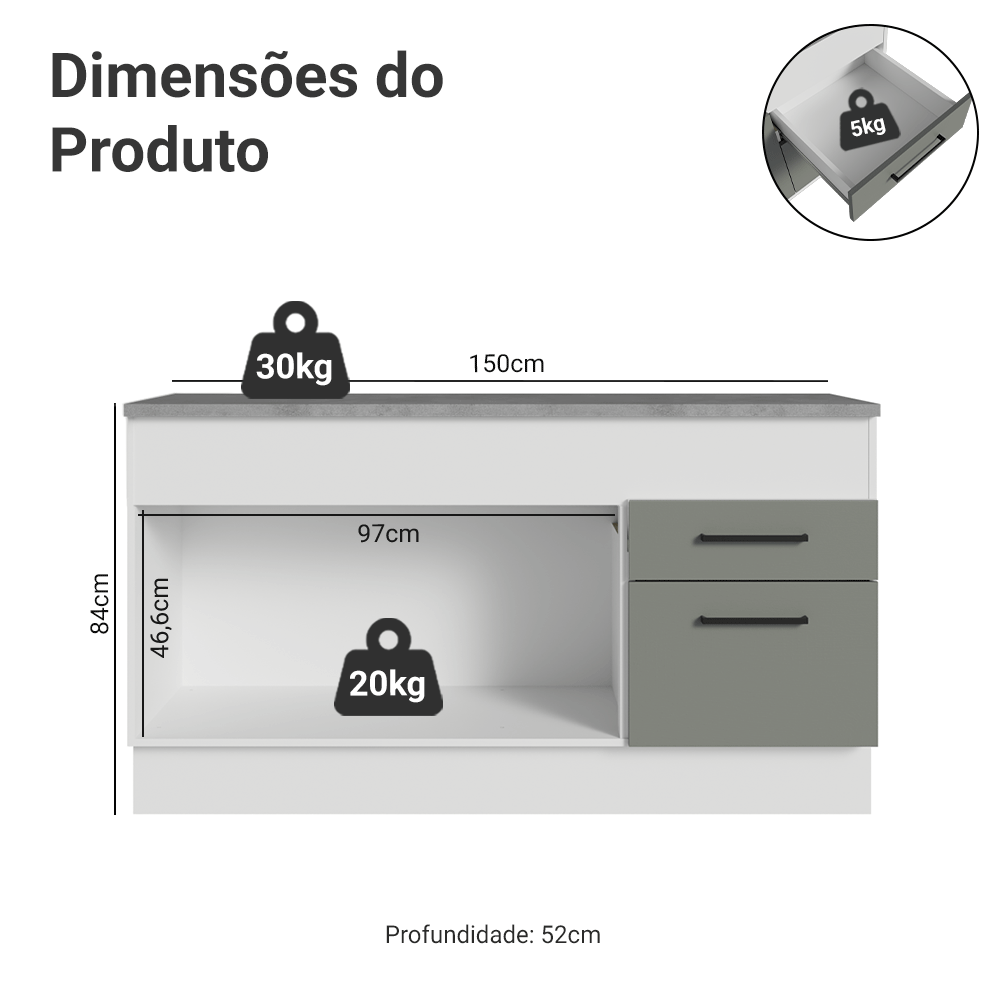 Balcão Madesa Agata 150 cm 2 Portas e 2 Gavetas (Com Tampo) Branco/Cinza