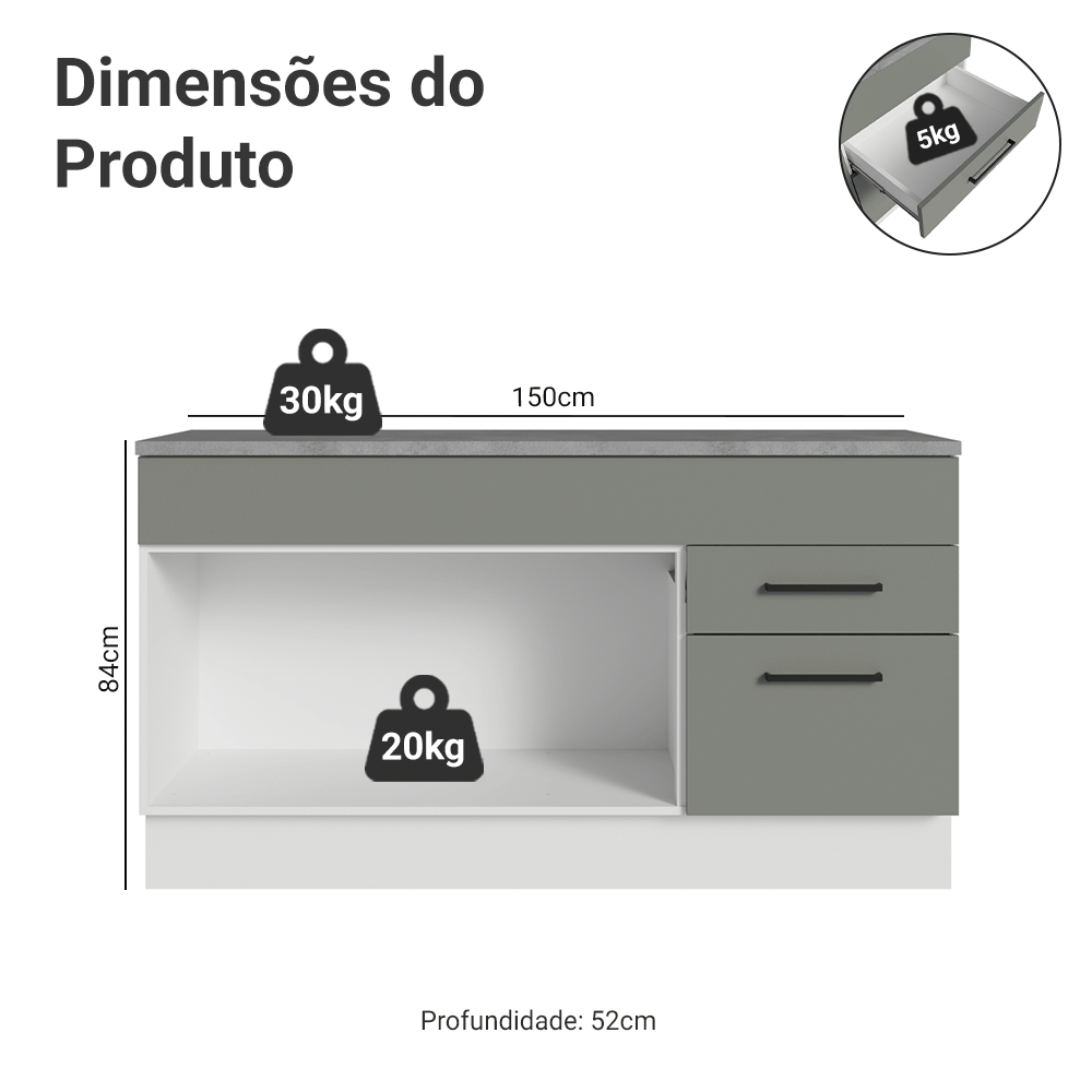 Balcão Gabinete Madesa Agata 150 cm 2 Gavetas 2 Portas (Com Tampo) Branco/Cinza