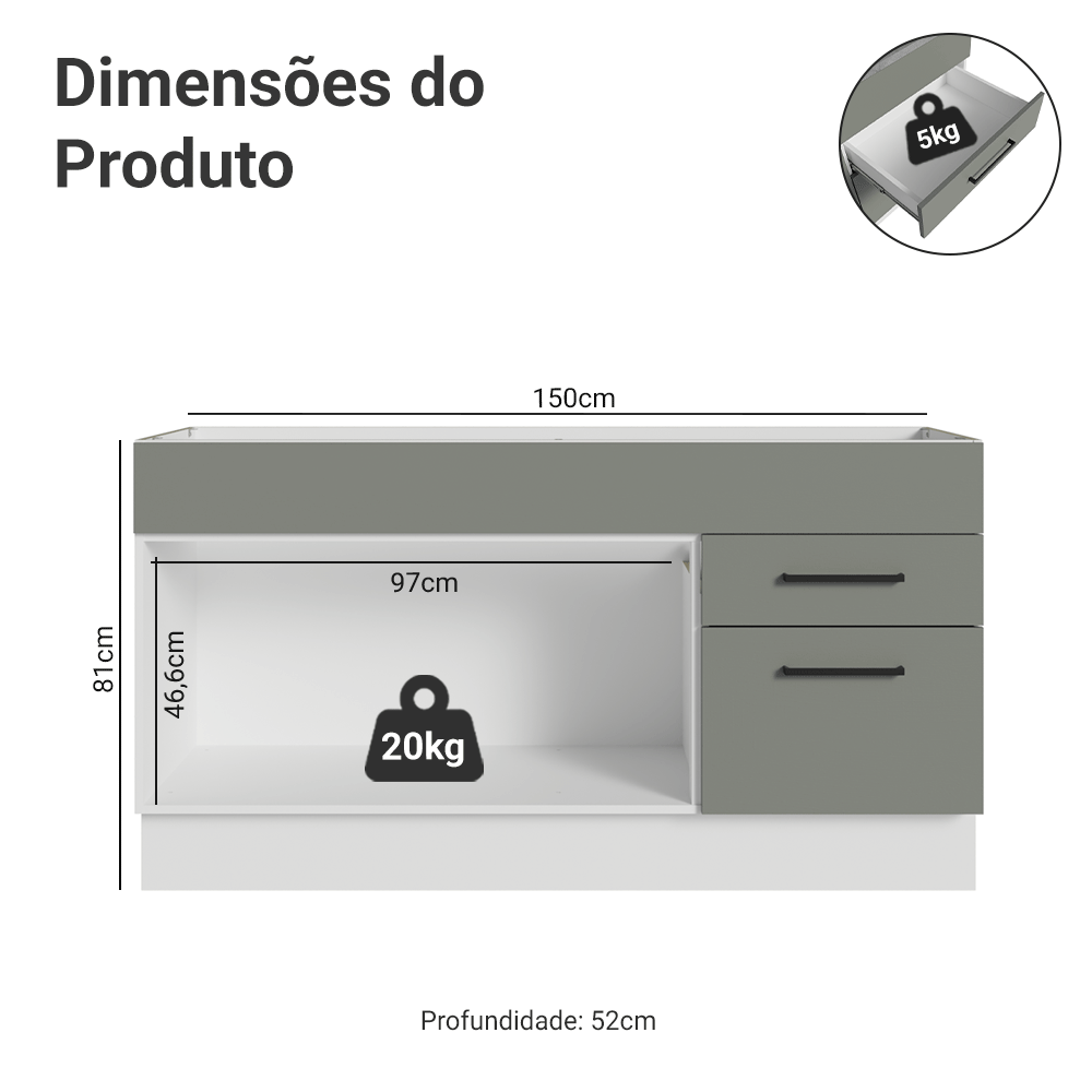 Balcão Gabinete de Pia Madesa Agata 150 cm 2 Portas e 2 Gavetas (Sem Tampo e Pia) Branco/Cinza