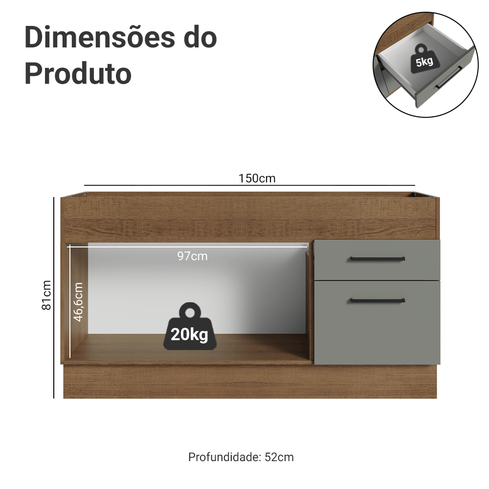 Balcão de Pia Madesa Agata 150 cm 2 Portas e 2 Gavetas (Sem Tampo e Pia) Rustic/Cinza