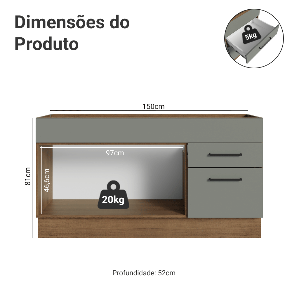 Balcão Gabinete de Pia Madesa Agata 150 cm 2 Portas e 2 Gavetas (Sem Tampo e Pia) Rustic/Cinza