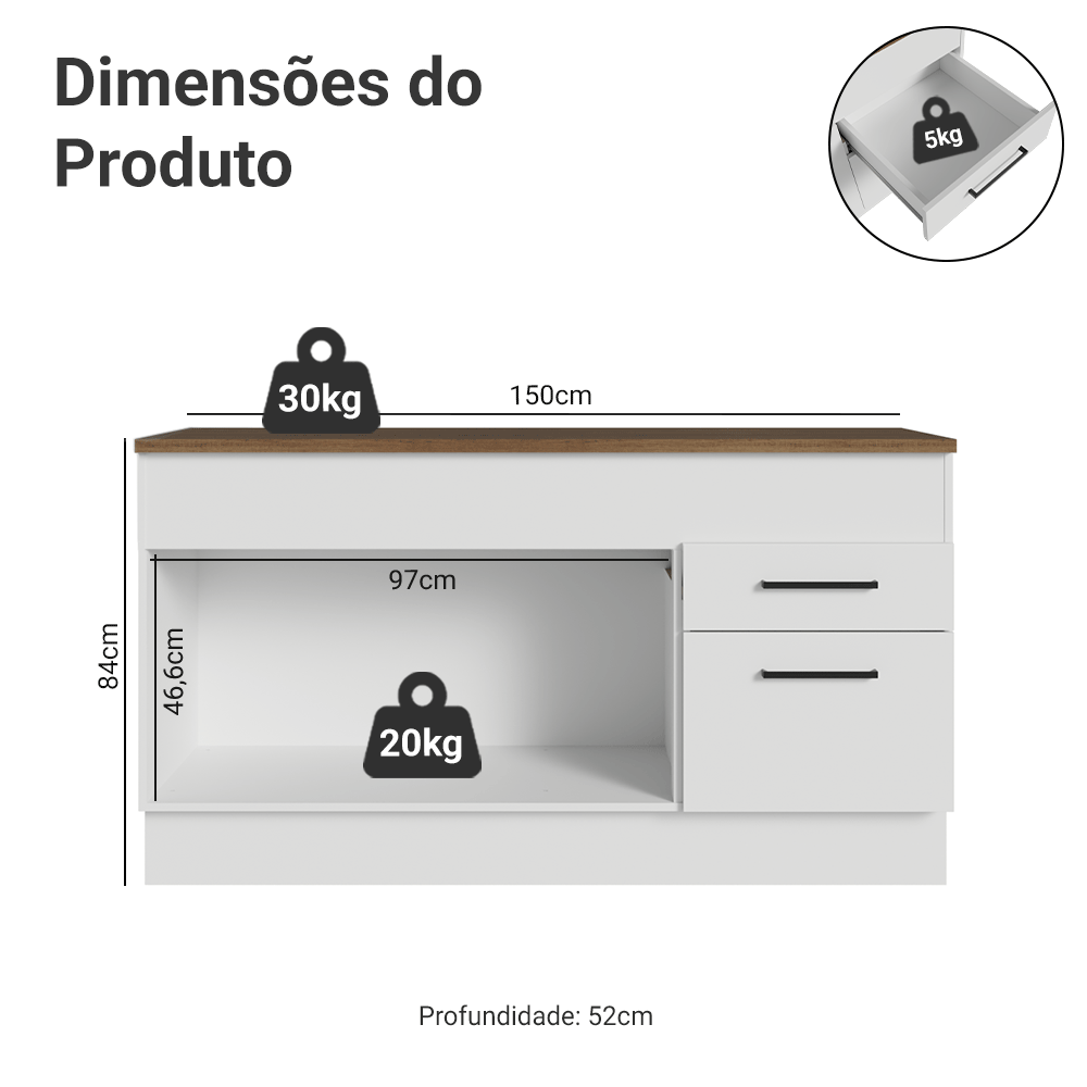 Balcão de Cozinha 150 cm 2 Portas 2 Gavetas Branco Tampo Rustic Agata Madesa