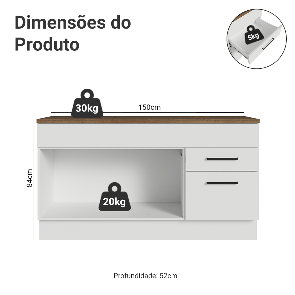 Balcão de Cozinha 150 cm 2 Portas 2 Gavetas Branco Tampo Rustic Agata Madesa