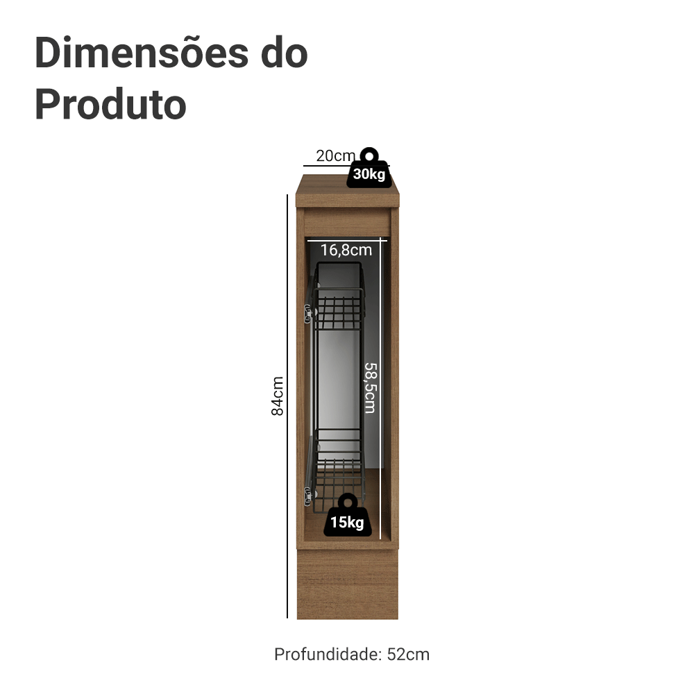 Balcão Porta-Temperos 20 cm 1 Porta Rustic/Preto Lux Madesa