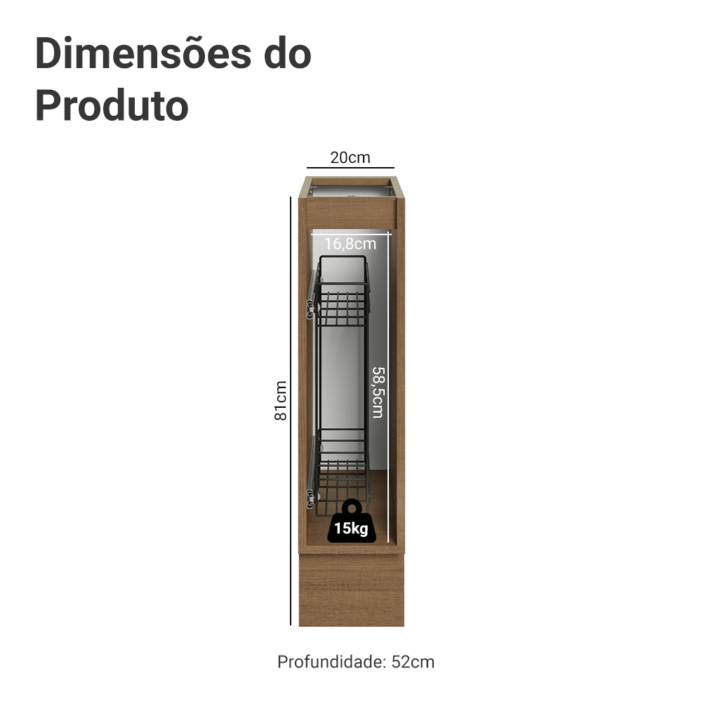 Balcão Porta-Temperos 20 cm 1 Porta (Sem Tampo) Rustic/Cinza Lux Madesa