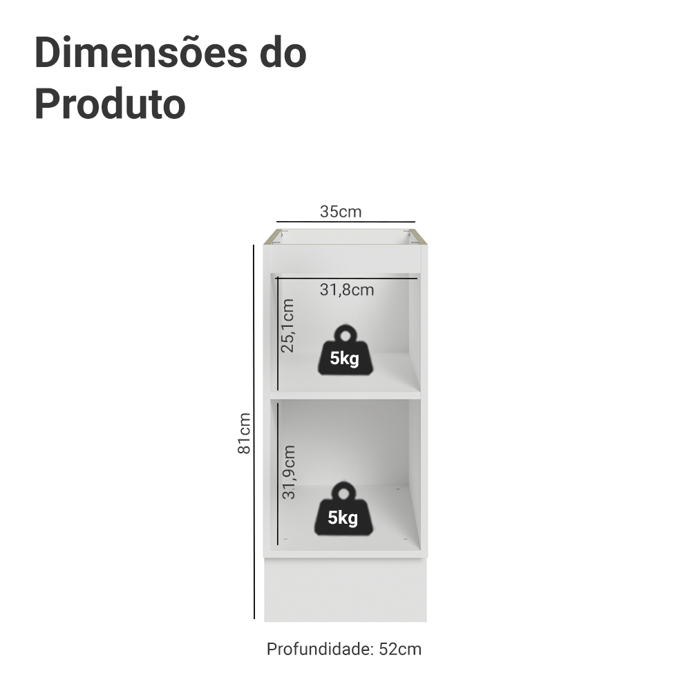 Balcão de Cozinha 35 cm 1 Porta (Sem Tampo) Branco/Preto Lux Madesa