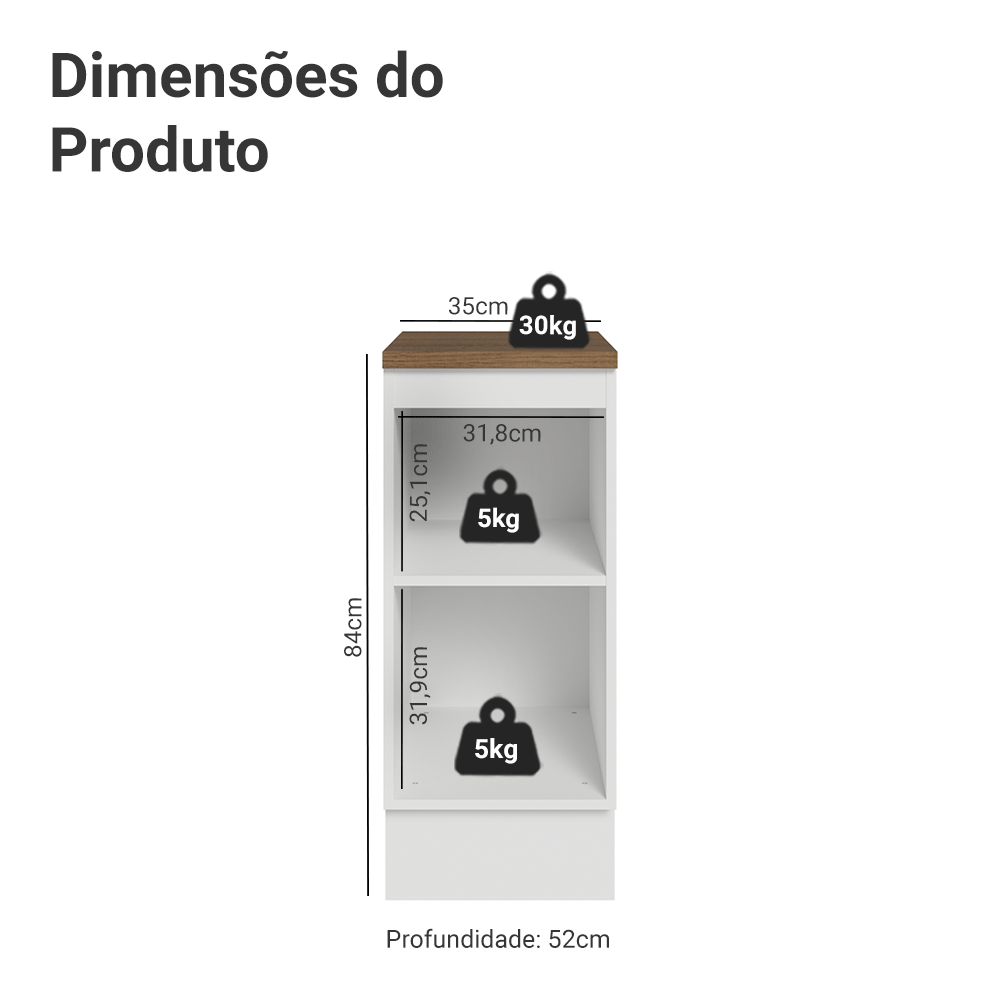 Balcão de Cozinha 35 cm 1 Porta Branco Tampo Rustic Agata Madesa