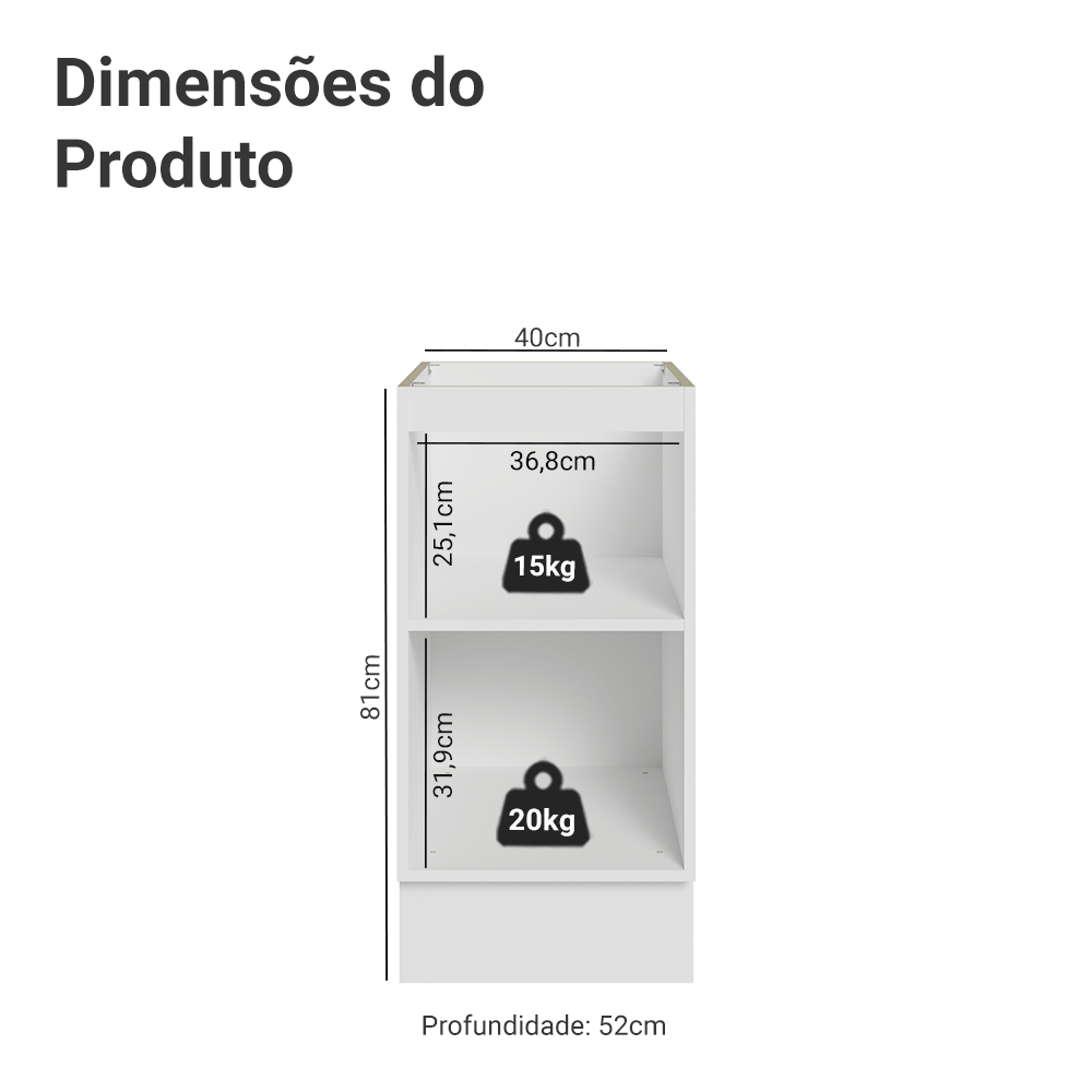 Balcão de Cozinha 40 cm 1 Porta (Sem Tampo) Branco/Preto Lux Madesa