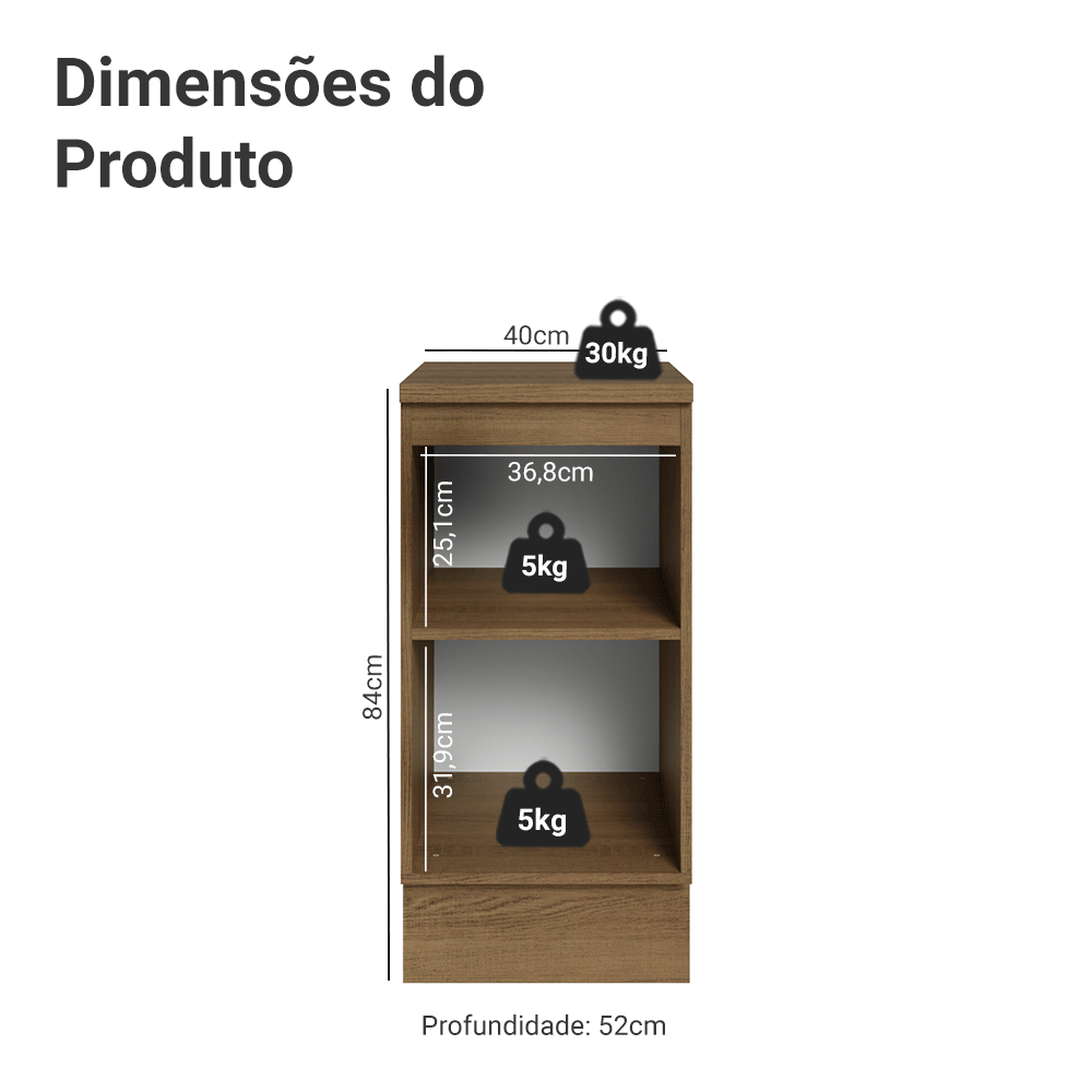 Balcão de Cozinha 40 cm 1 Porta Rustic/Preto Lux Madesa