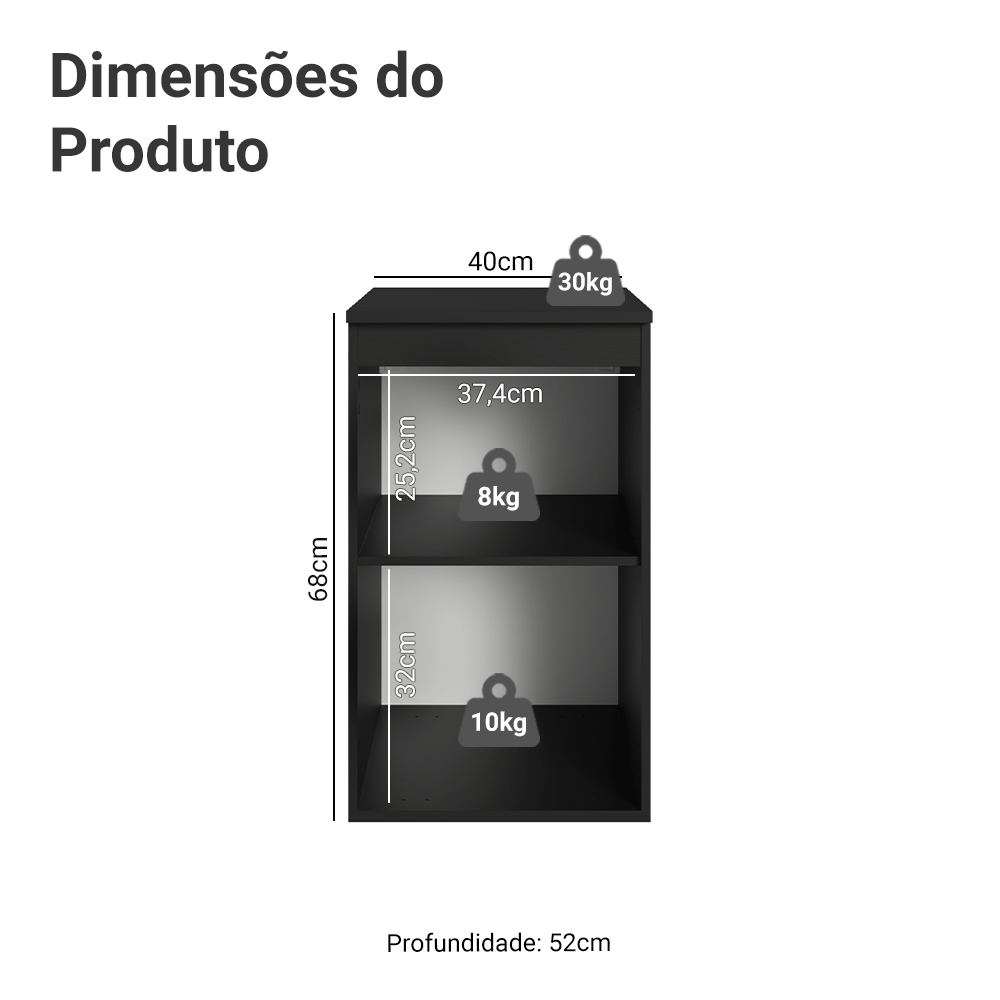 Balcão de Cozinha 40 cm 1 Porta Suspenso Preto Nice Madesa