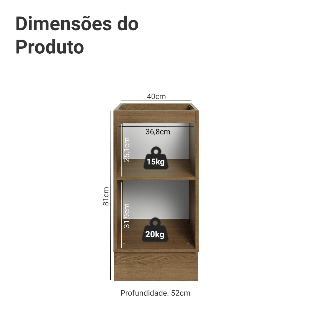 Balcão de Cozinha 40 cm 1 Porta (Sem Tampo) Rustic/Cinza Lux Madesa